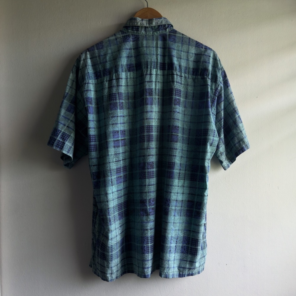 Vintage 90's Tori Richard Shirt Mens Large Blue Green Cotton Lawn Hawaiian Plaid - Picture 2 of 9
